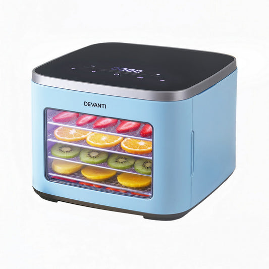 Blue food dehydrator with digital display, filled with sliced fruits on trays