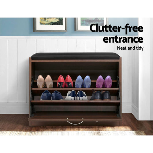 Artiss Shoe Rack Cabinet Bench15 Pairs Walnut Kyla