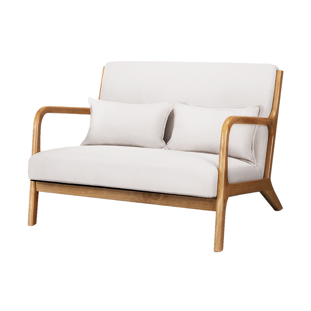 Artiss 2-Seater Loveseat Armchair – Beige Faux Linen with Timber Legs