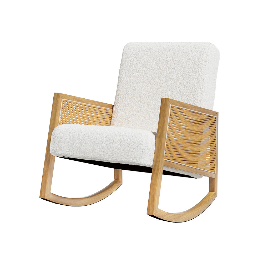 Artiss Boucle Rocking Armchair – White Teddy Fabric with Rattan Base