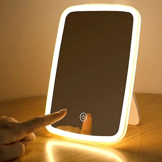 Portable LED light strip makeup mirror, very suitable for home, travel and office use. High-definition mirror surface, metal frame, intelligent touch button, three-color light switching, adjustable brightness, USB power supply