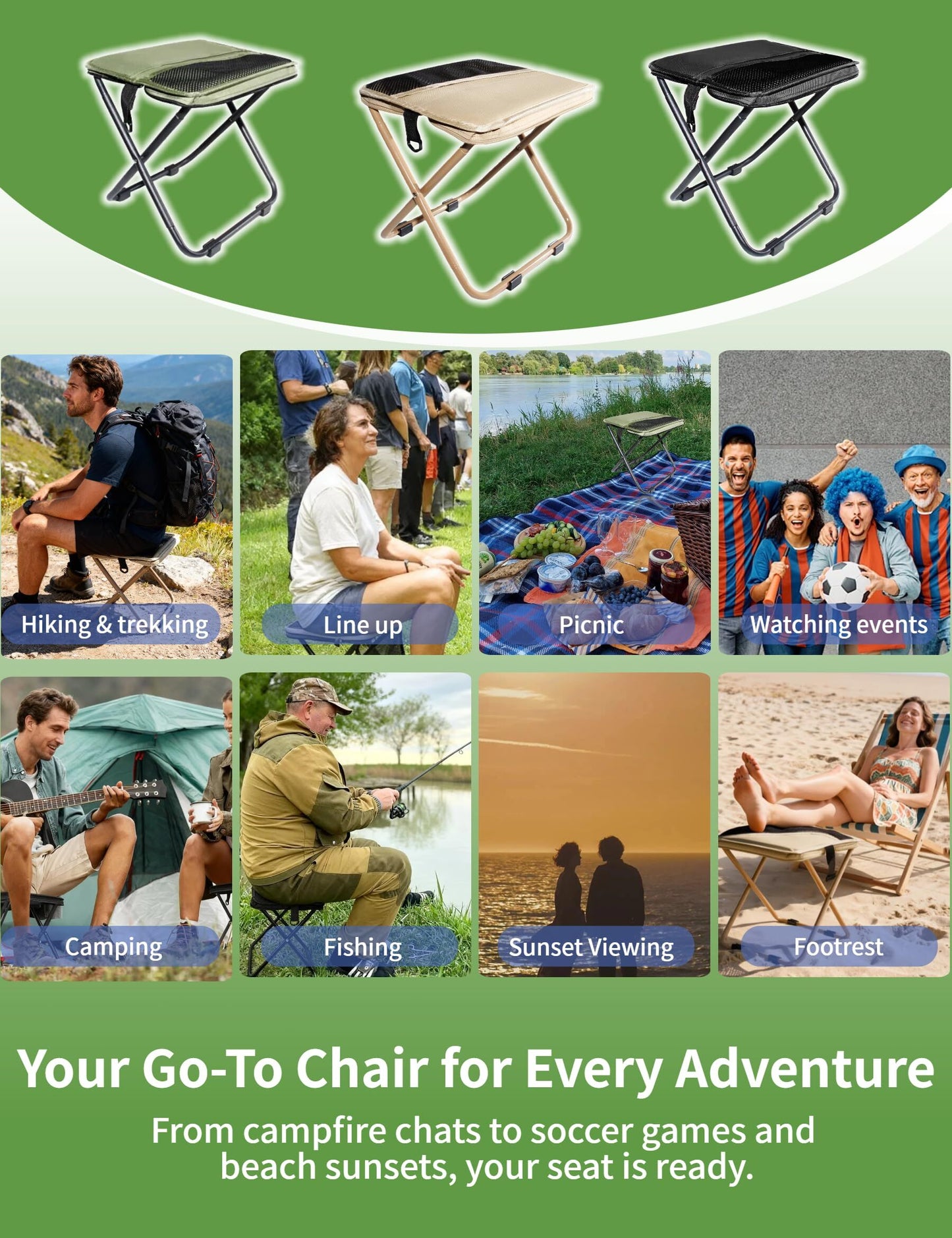 Khaki Portable Folding Chair – Compact Outdoor Stool for Camping, Fishing & Hiking | Lightweight Collapsible Seat with Carry Bag | Durable Steel Frame | Other Colours Available In-Store