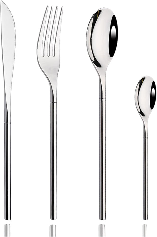 304 Flatware Set Silver Silverware Set Mirror Polished 18/8 Stainless Steel Cutlery Set with Round Handle 24 Piece Wedding Housewarming Gift Service for 6