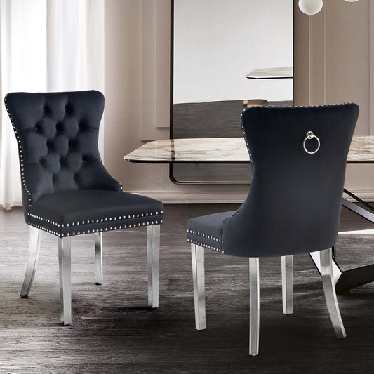 Set of 2 -Alsea Black Velvet & Silver Steel Dining Chairs Upholstered Tufted Stud Trim and Ring