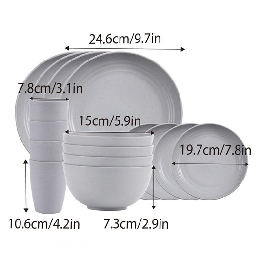 16pcs Wheat Straw Plates Bowls Cups Set Outdoor Tableware Set