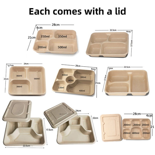 25/50pcs Biodegradable Lunch Box Microwaveable Tray with Compartment Paper Lid - 1400ML-6-50pcs