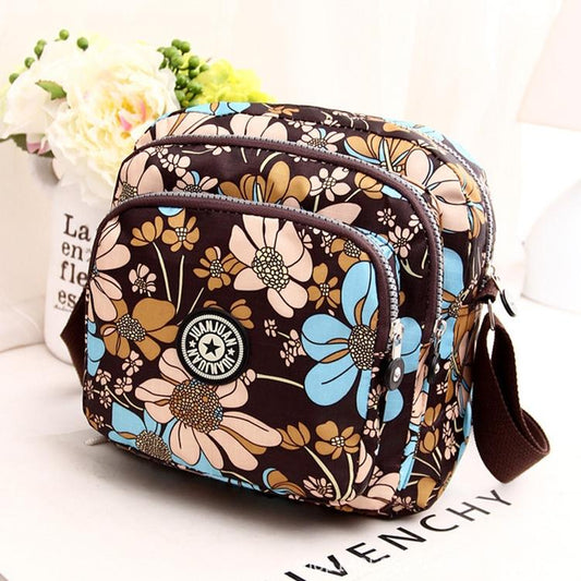 Waterproof Nylon Multilayer Crossbody Bag For Women - Purple Flower