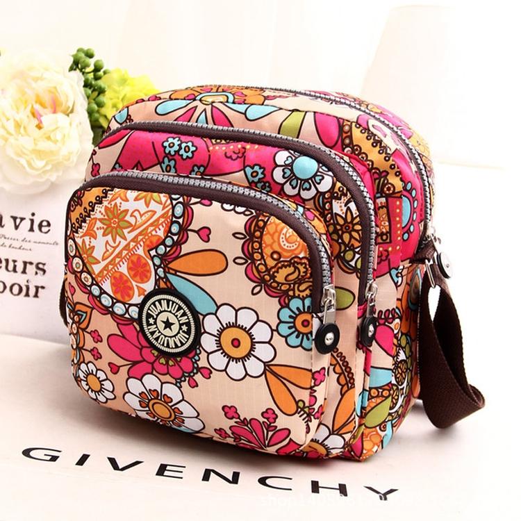 Waterproof Nylon Multilayer Crossbody Bag For Women - Pink Flower