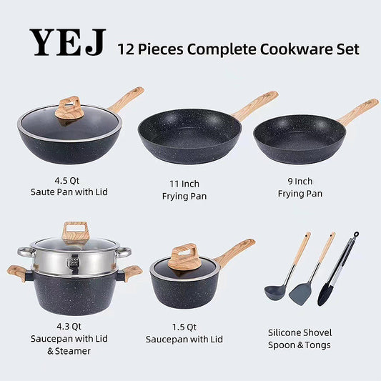 YEJ 12-Piece Non-Stick Complete Cookware Set | Pots, Pans & Utensils (Black)