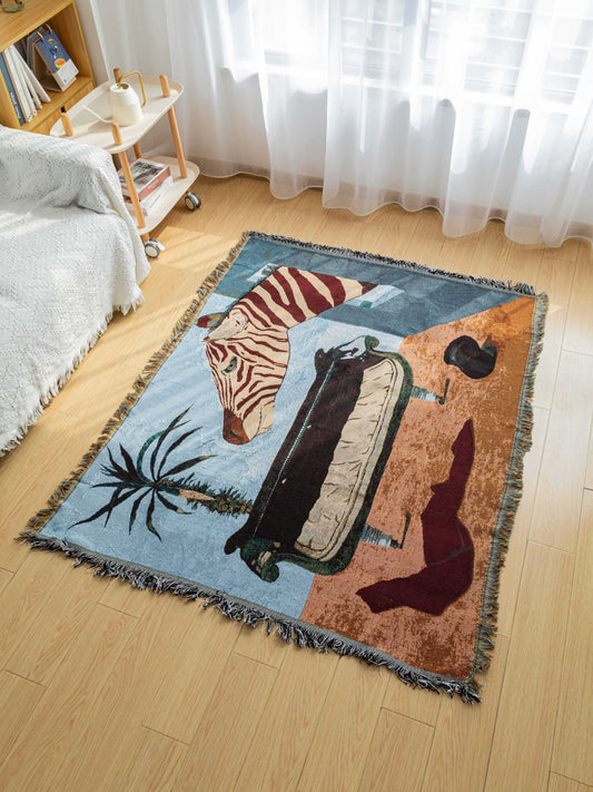 Safari-Inspired Woven Blanket - 160x130cm Artistic Tapestry Throw with Tassel Edges