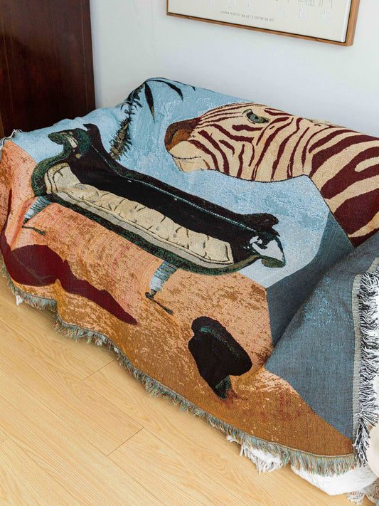 Safari-Inspired Woven Blanket - 160x130cm Artistic Tapestry Throw with Tassel Edges