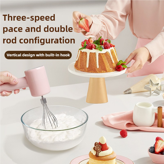 Portable Electric Egg Beater 3-Speed Dual Whisk USB-C Rechargeable – Pink