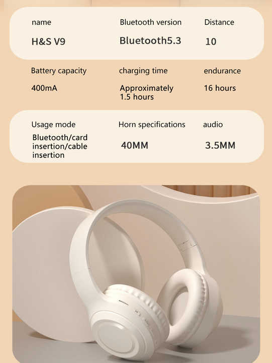 Beige Wireless Headphones - 400mAh, 16H Playtime, SD Card & Aux Support