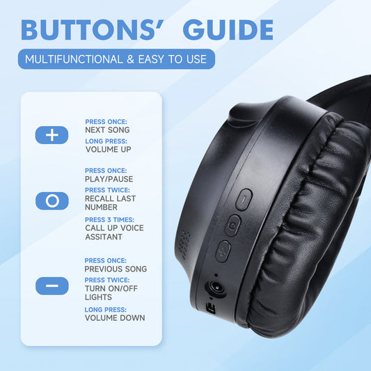 Black Wireless Gaming Headphones with Lights - Foldable Design, 40mm Drivers, Comfortable