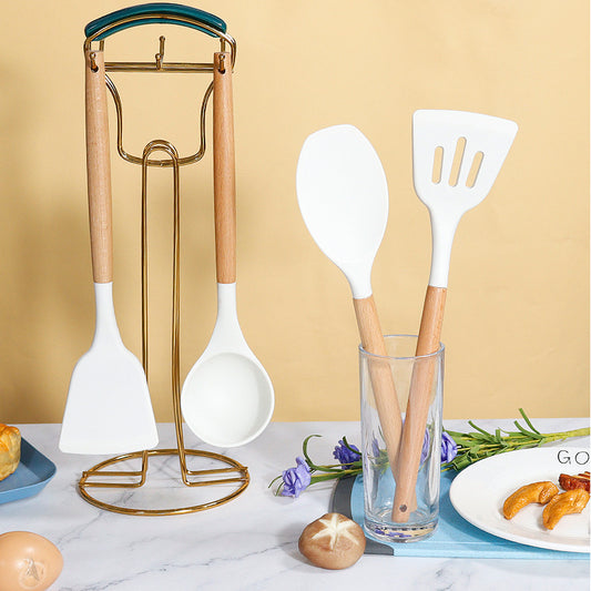 White 11-Piece Silicone Kitchen Utensil Set with Wooden Handles and Storage Bucket - Heat Resistant and Non-Stick