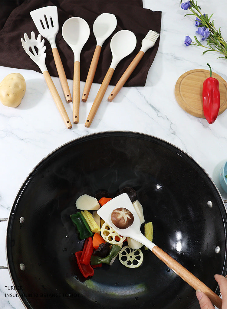 Light Grey 11-Piece Silicone Kitchen Utensil Set with Wooden Handles and Storage Bucket - Heat Resistant and Non-Stick