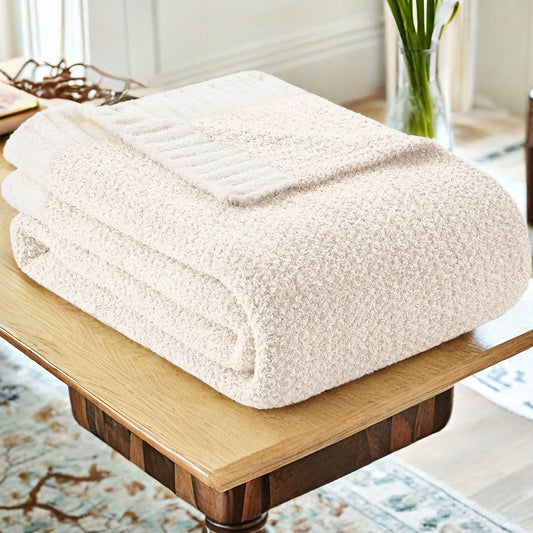 Beige and White Plush Chenille-Knit Throw Blanket - Soft Cozy Polyester for Bed & Sofa | Textured Two-Tone Design (127x153cm)