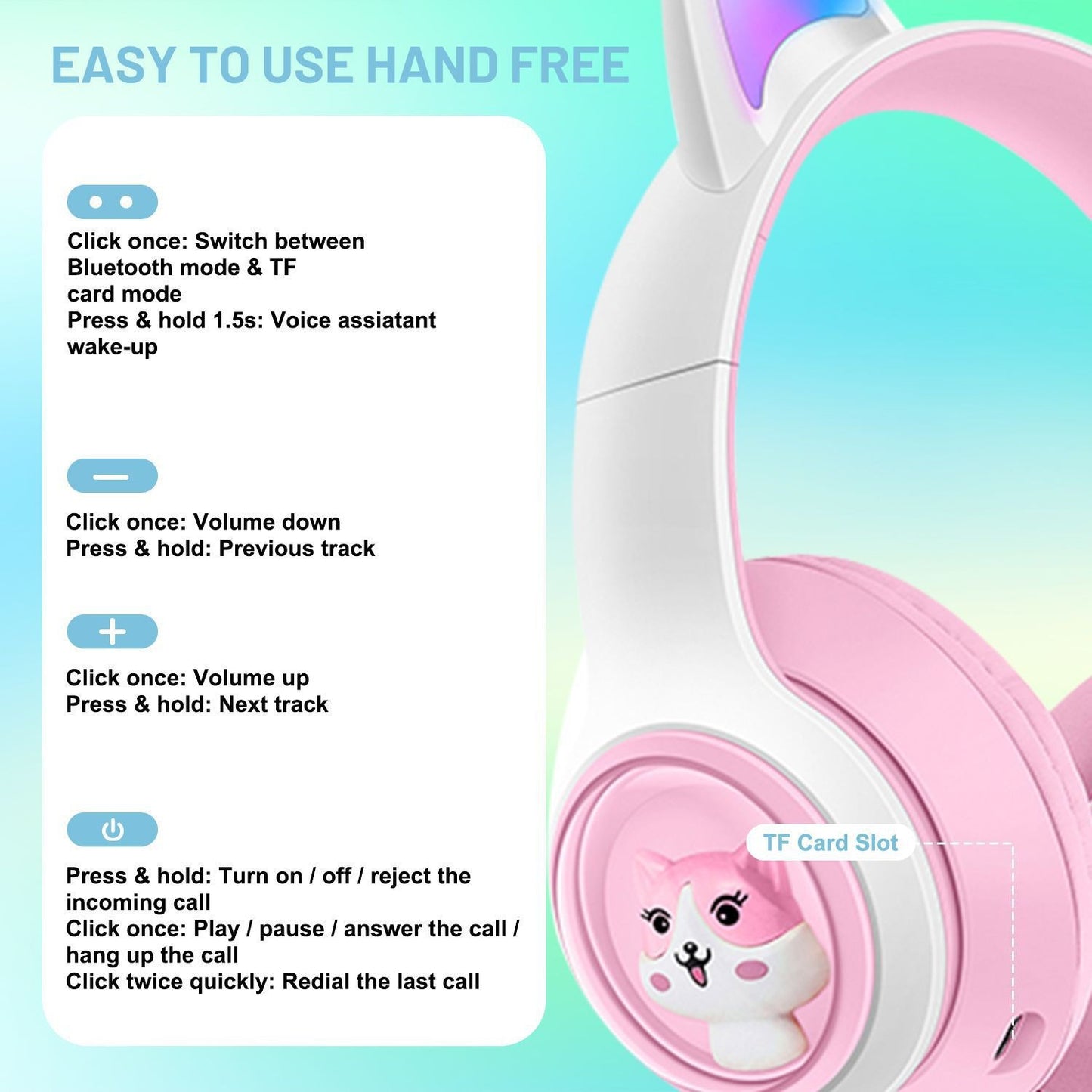 Cute Cat Ear Wireless Headphones - BT5.3, LED Lights, TF Card Slot, Soft Protein Padding(black)