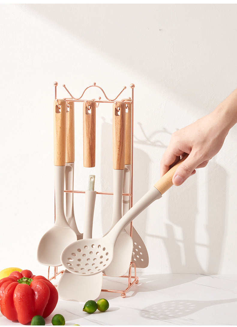Beige Elegant 7-Piece Silicone Kitchen Utensil Set with Wooden Handles & Rose Gold Stand - Non-Stick Cookware Safe