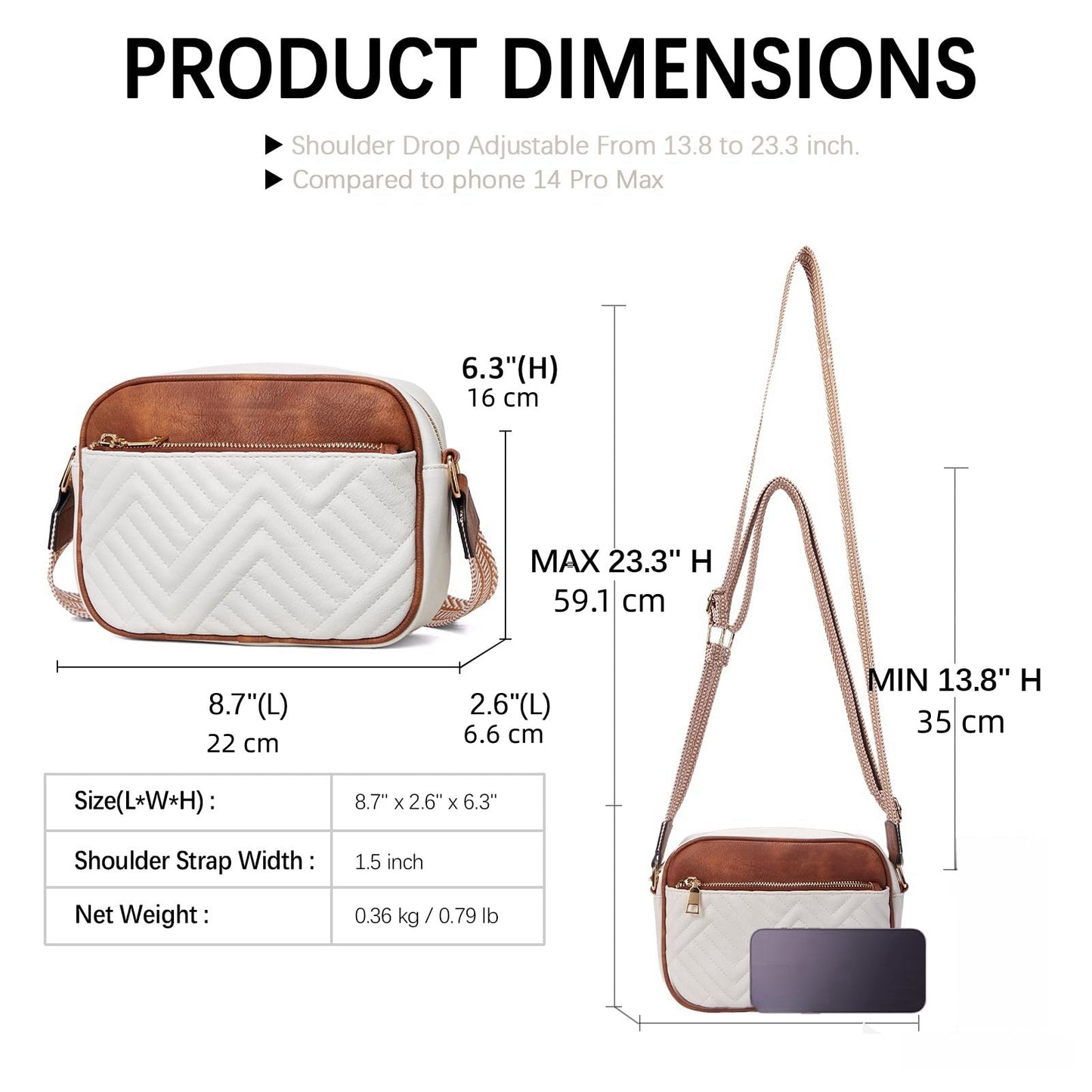 Double Zipper Black Chic Quilted Crossbody Bag - Vintage PU Leather Shoulder Purse with Adjustable Strap