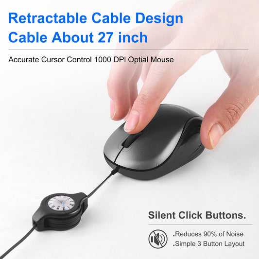 Grey and Black Portable Mini USB Mouse with Retractable Cable - Compact Travel Mouse for PC and Laptop