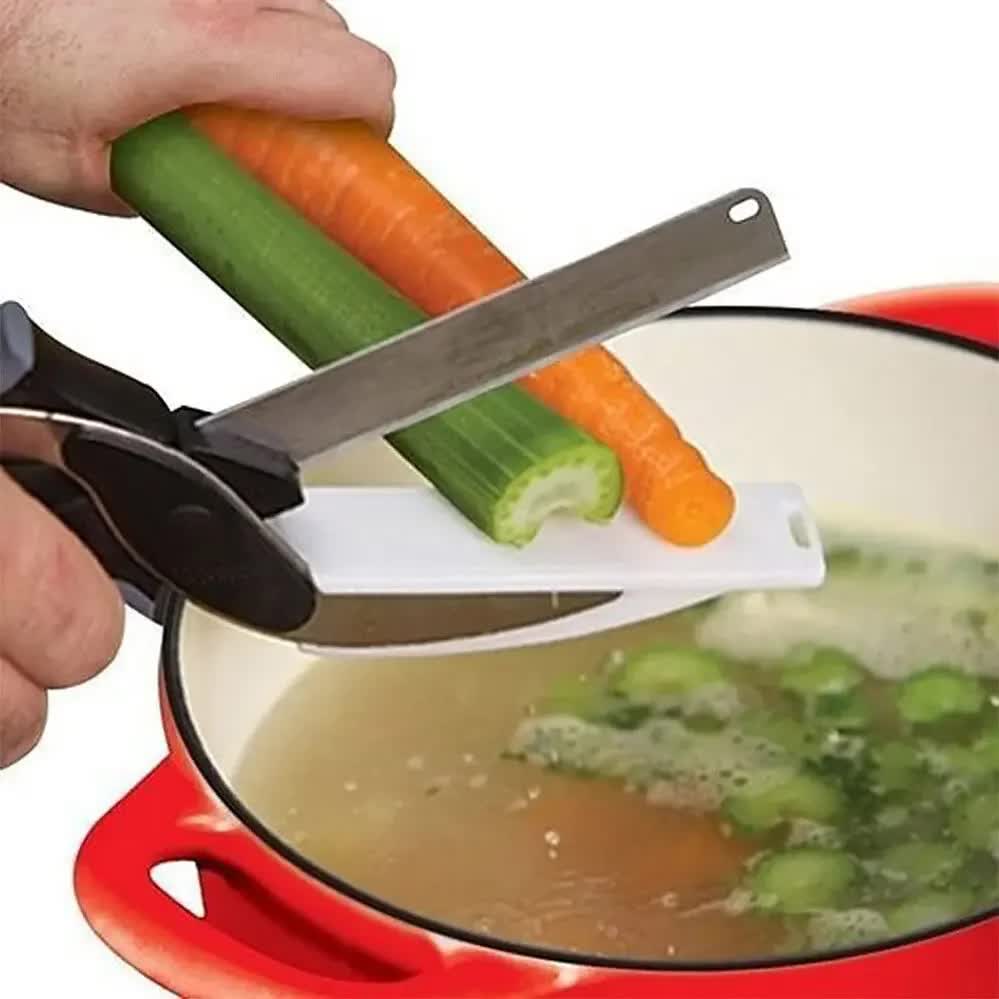 2-in-1 Ingenious Cutter Food Chopper & Scissor for Kitchen Versatile Use - 420 Stainless Steel Blade & Cutting Board Base, with Safety Lock