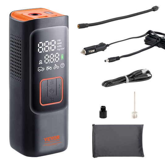 VEVOR Tire Inflator Portable Air Compressor, 7800mAh 3.7V Battery Electric Air Pump, 2X Faster 160PSI Cordless Smart Air Pump with LCD Pressure Gauge, LED Light for Cars, E-Bikes, Motorcycles, Balls