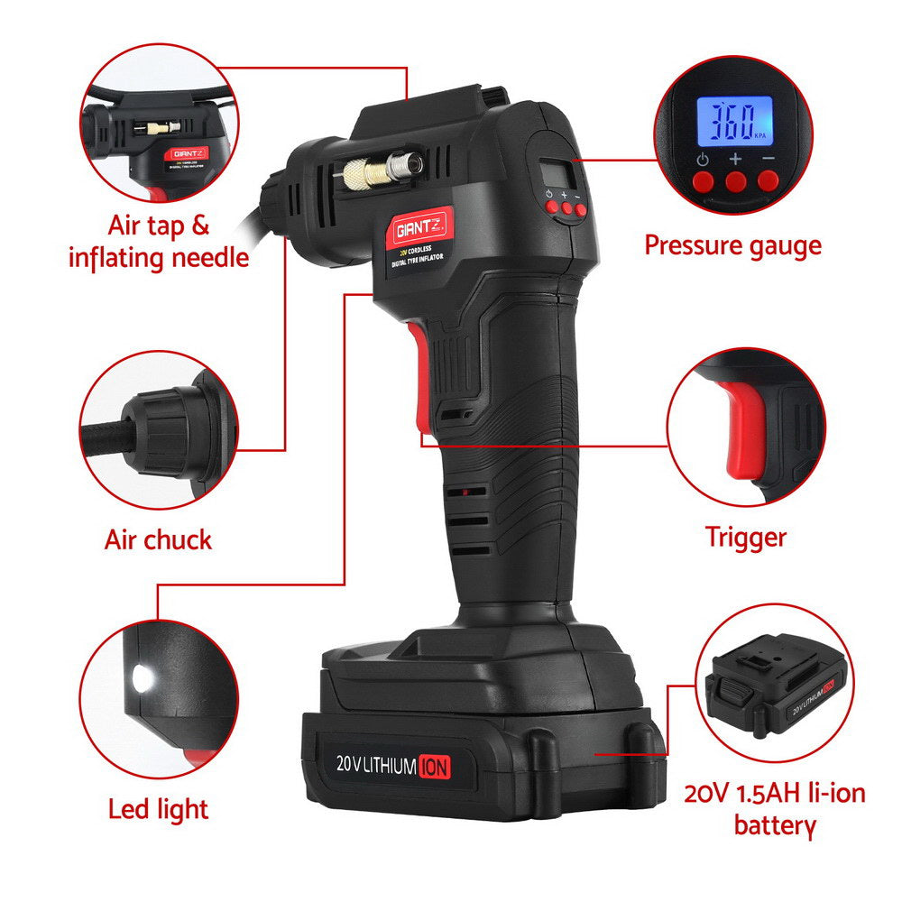 Giantz Cordless Tyre Inflator Portable Air Compressor Pump 20V 120PSI Digital LED