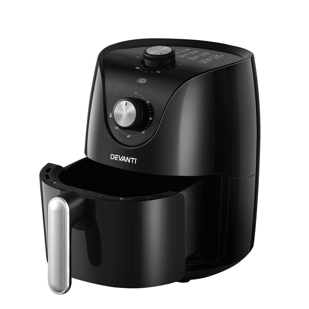 Black Devanti air fryer with control dials and pull-out basket, modern kitchen appliance