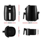 Black air fryer with handle, four angles shown, labeled dimensions 21cm x 27cm x 29cm x 18cm x 10cm