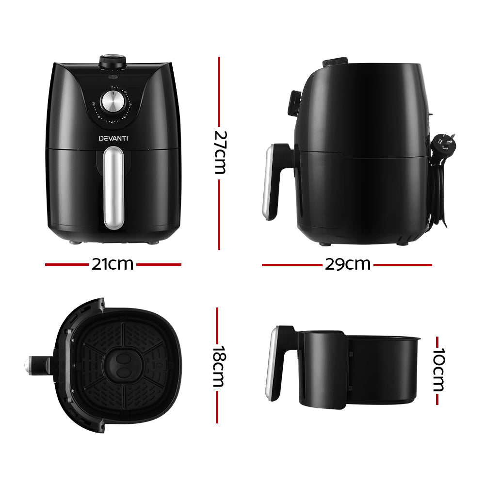 Black air fryer with handle, four angles shown, labeled dimensions 21cm x 27cm x 29cm x 18cm x 10cm
