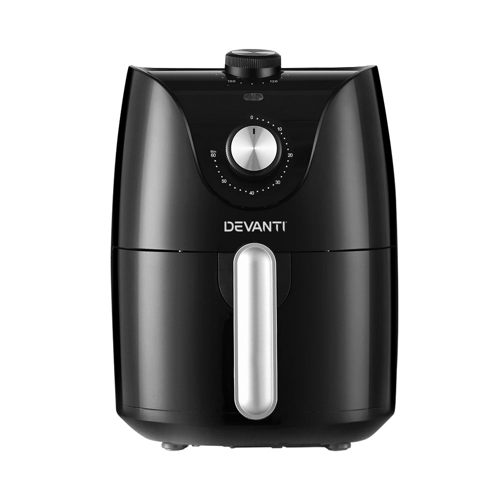 Black Devanti air fryer with timer dial and silver handle, kitchen appliance
