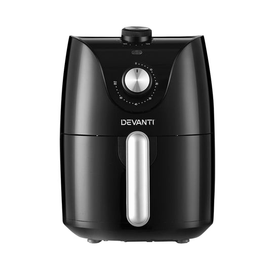 Black Devanti air fryer with timer dial and silver handle, kitchen appliance