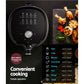 Air fryer with temperature settings, cooking guide, and grilled drumsticks with vegetables.
