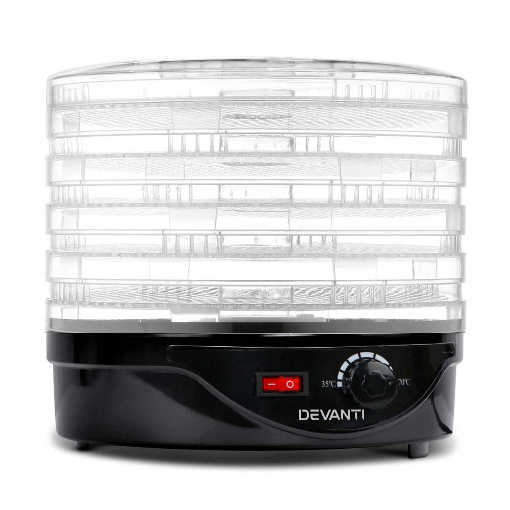 Electric food dehydrator with adjustable temperature and transparent stackable trays