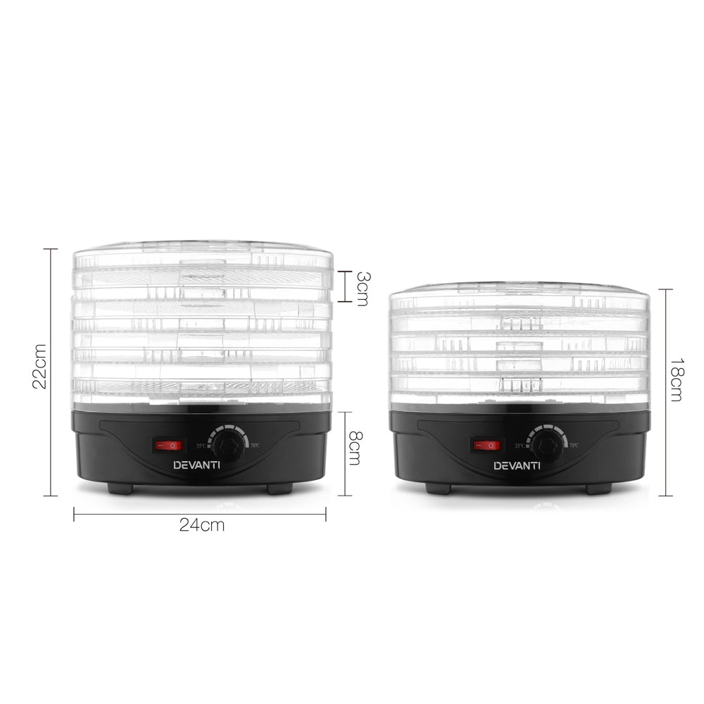 Two stackable food dehydrators with transparent trays, black bases, and size measurements