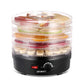 Electric food dehydrator with clear trays, filled with sliced fruits, temperature dial visible