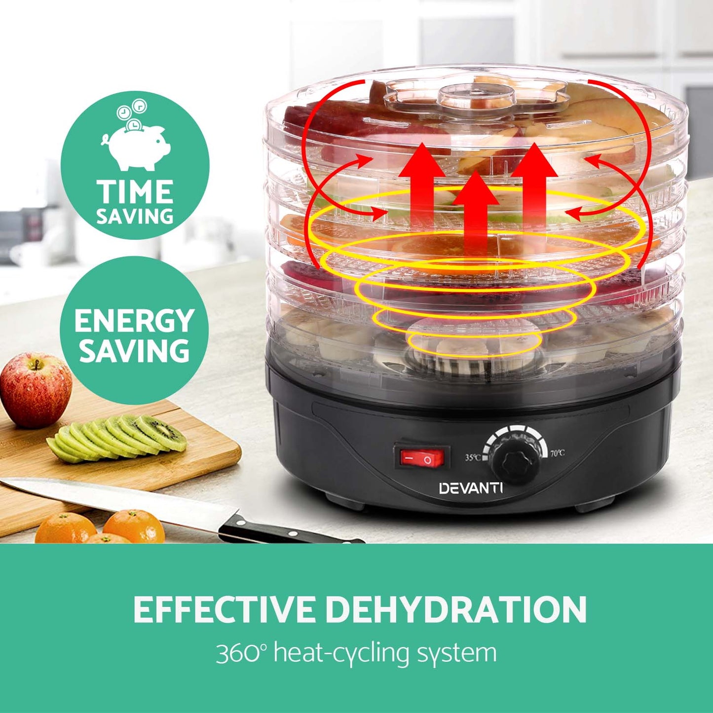 Electric food dehydrator with transparent trays, temperature dial, fruits beside, energy saving icons