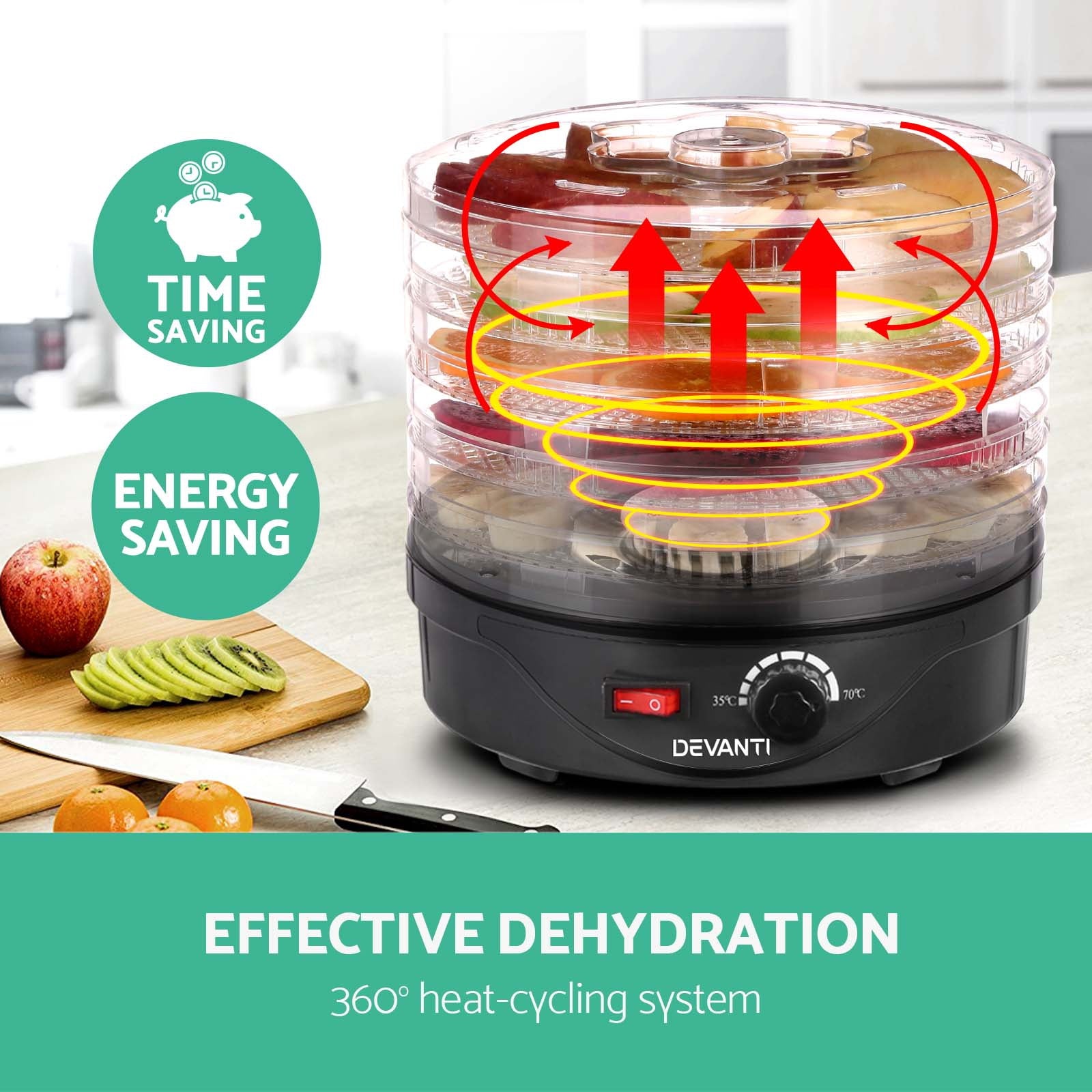 Electric food dehydrator with transparent trays, temperature dial, fruits beside, energy saving icons