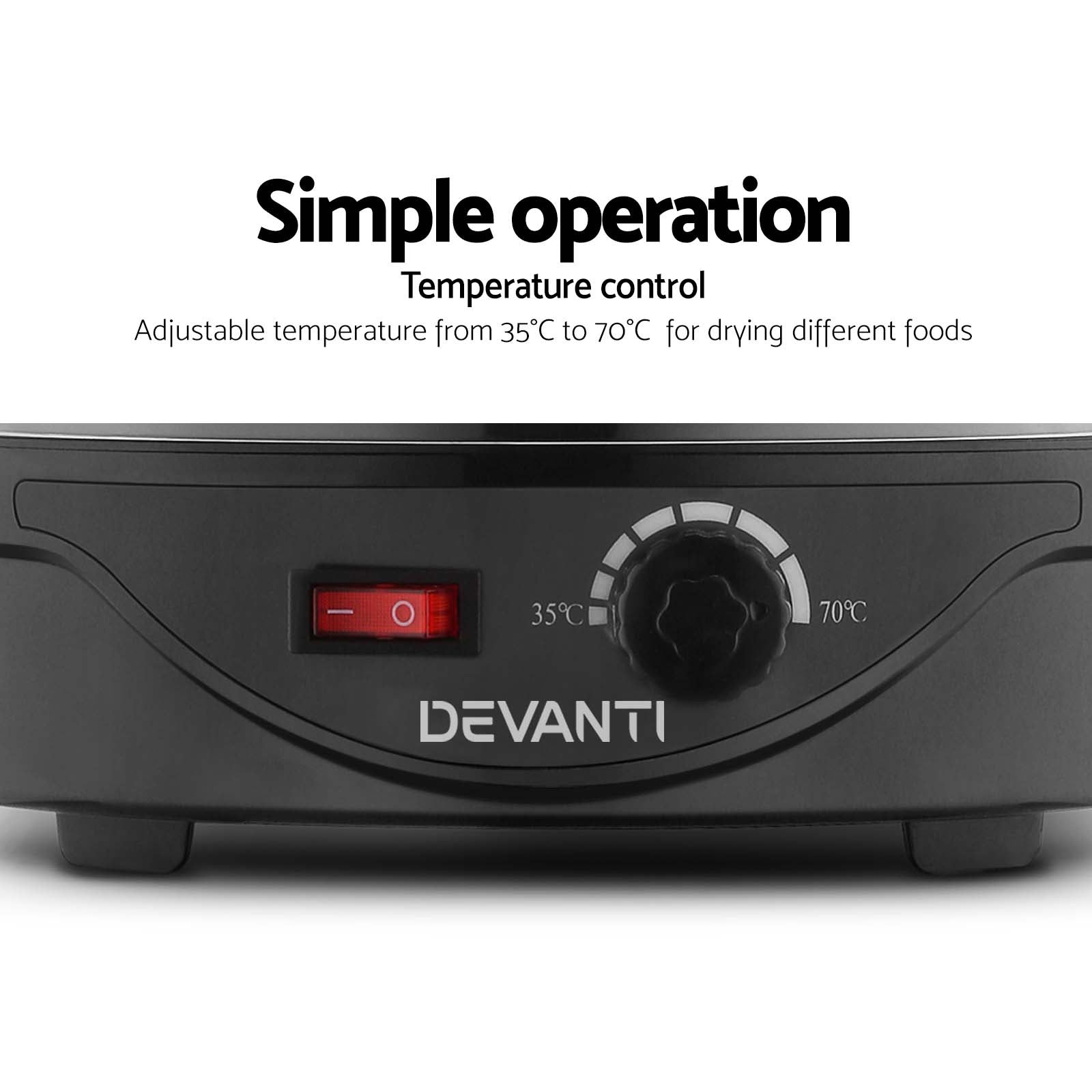 Food dehydrator control panel with adjustable temperature dial and power switch, black