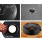 Collage showing a black kitchen appliance with air outlet, fine grid, easy to clean surface, and great ventilation features.