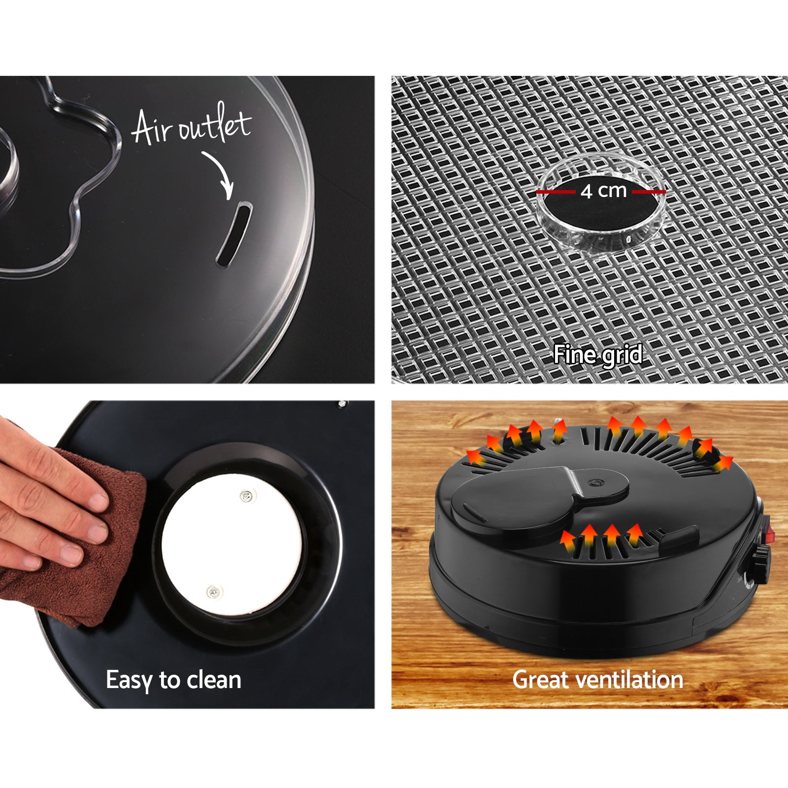 Collage showing a black kitchen appliance with air outlet, fine grid, easy to clean surface, and great ventilation features.