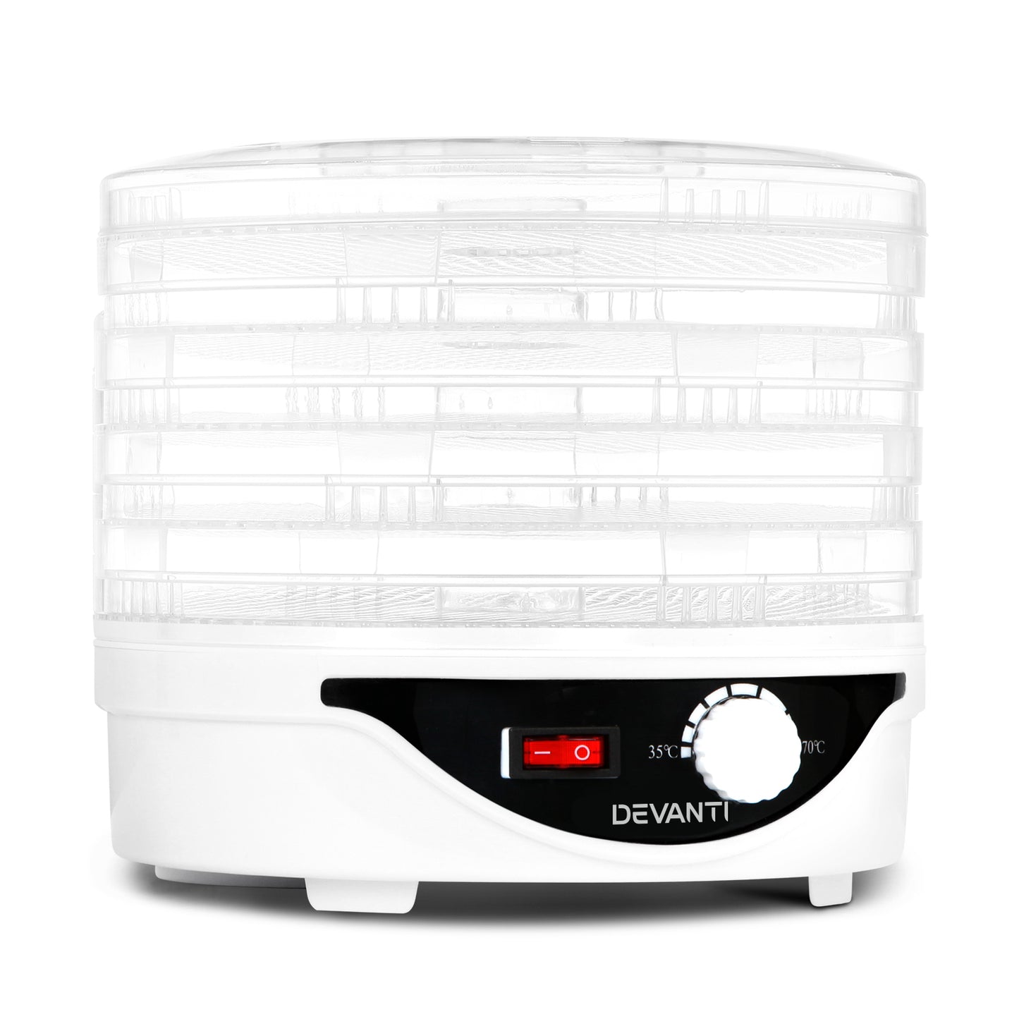 White food dehydrator with clear stackable trays and adjustable temperature dial