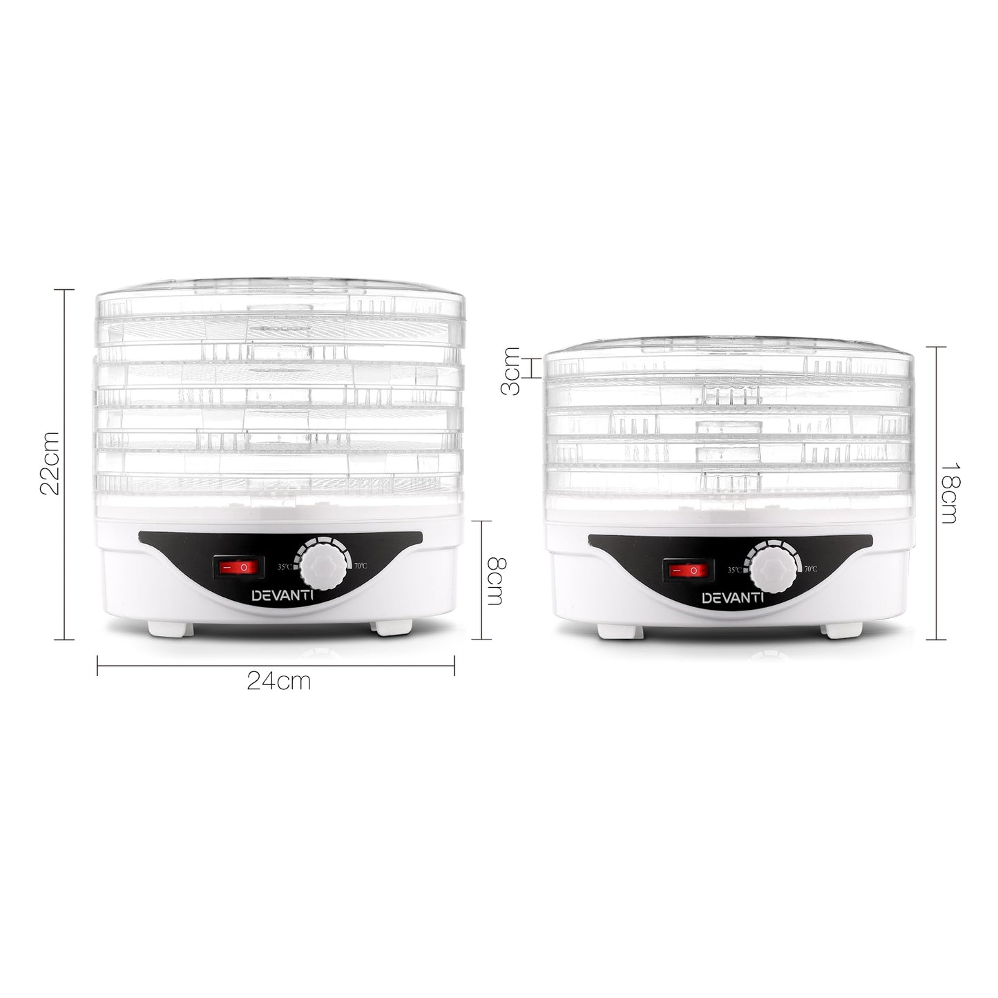 Two food dehydrators with transparent trays, temperature dials, and measurement labels
