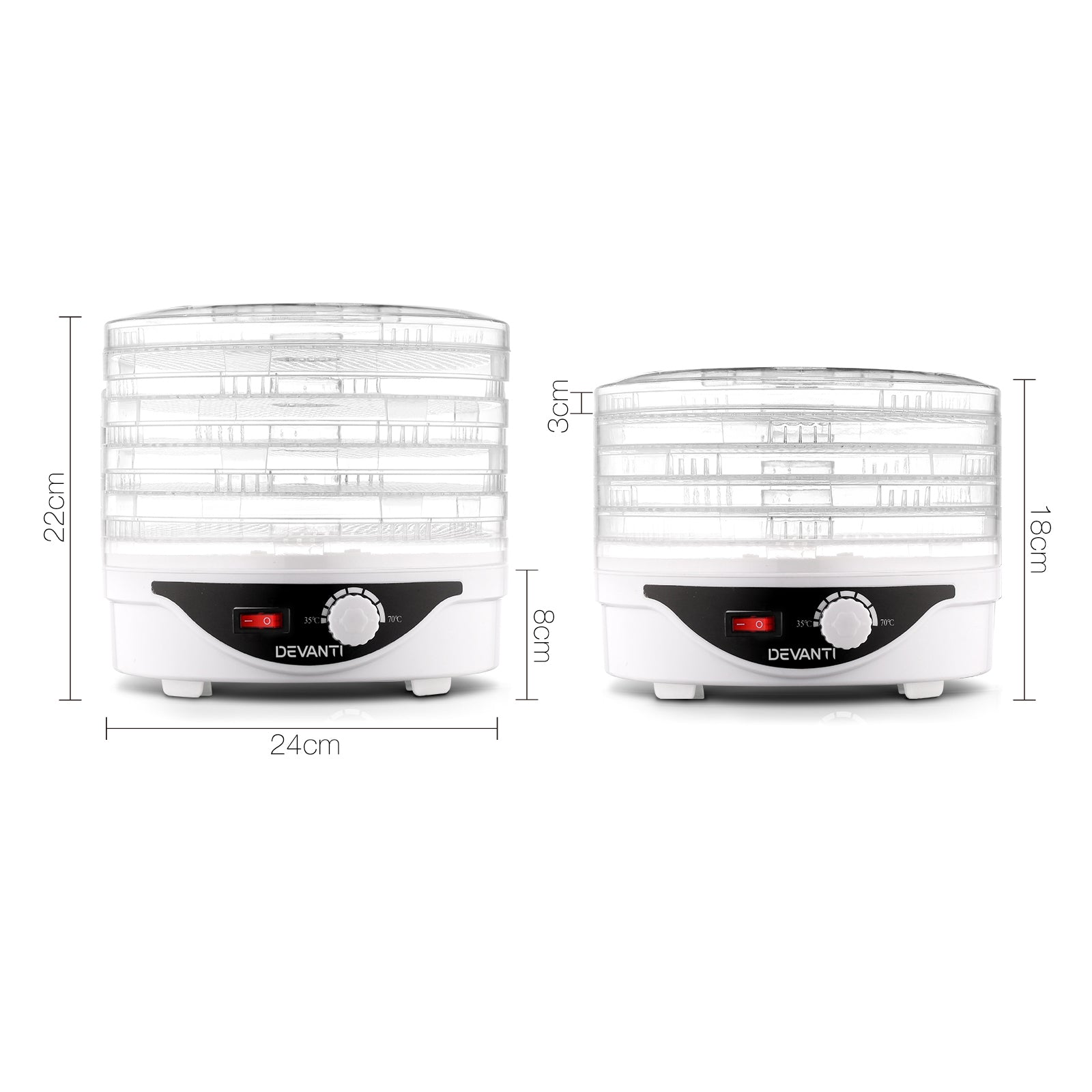 Two food dehydrators with transparent trays, temperature dials, and measurement labels
