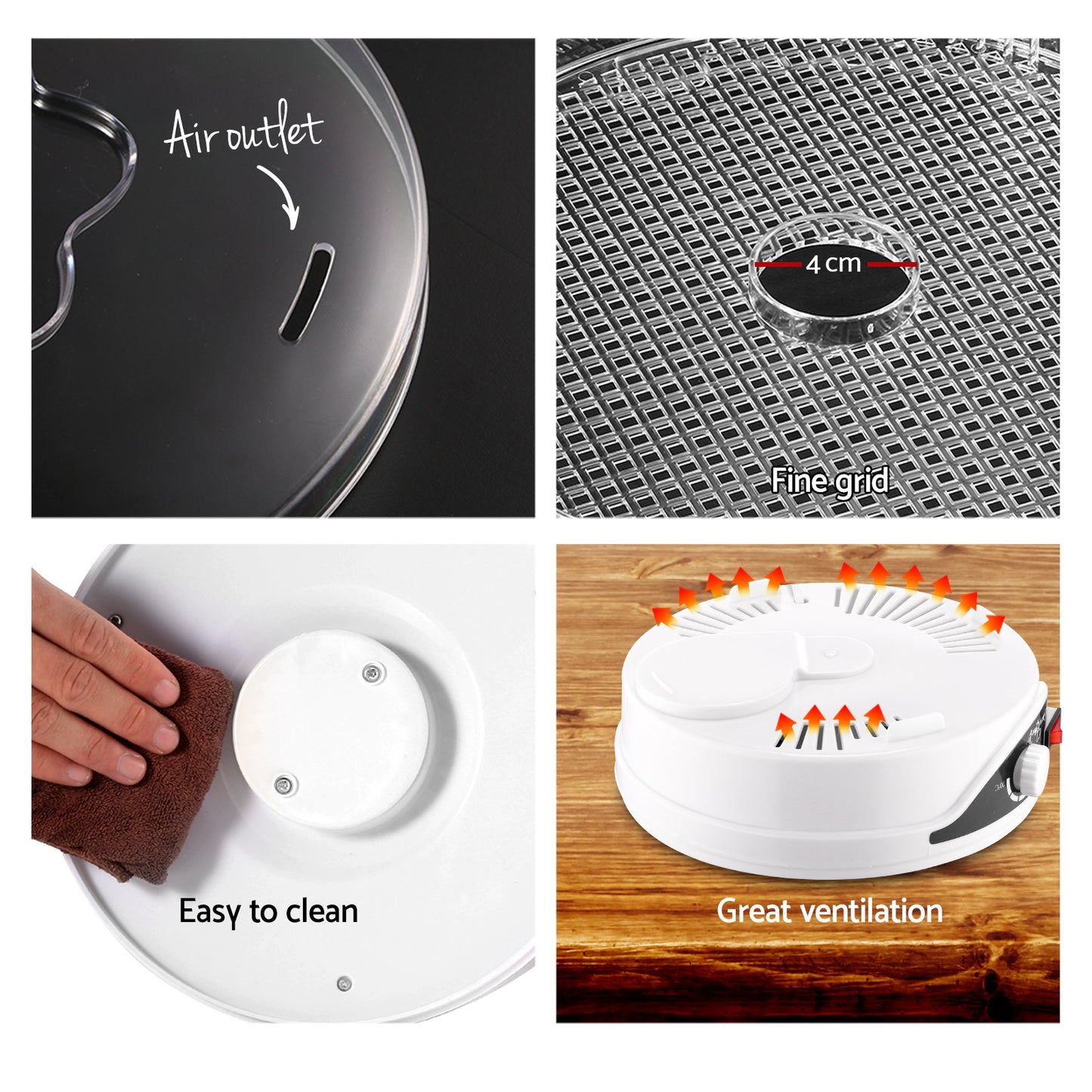 Food dehydrator parts showing air outlet, fine mesh tray, easy-to-clean surface, and ventilation