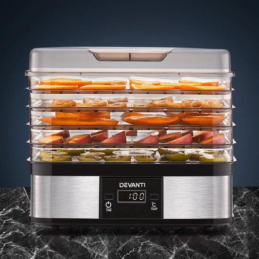 Stainless steel food dehydrator with digital display drying sliced fruit and vegetables