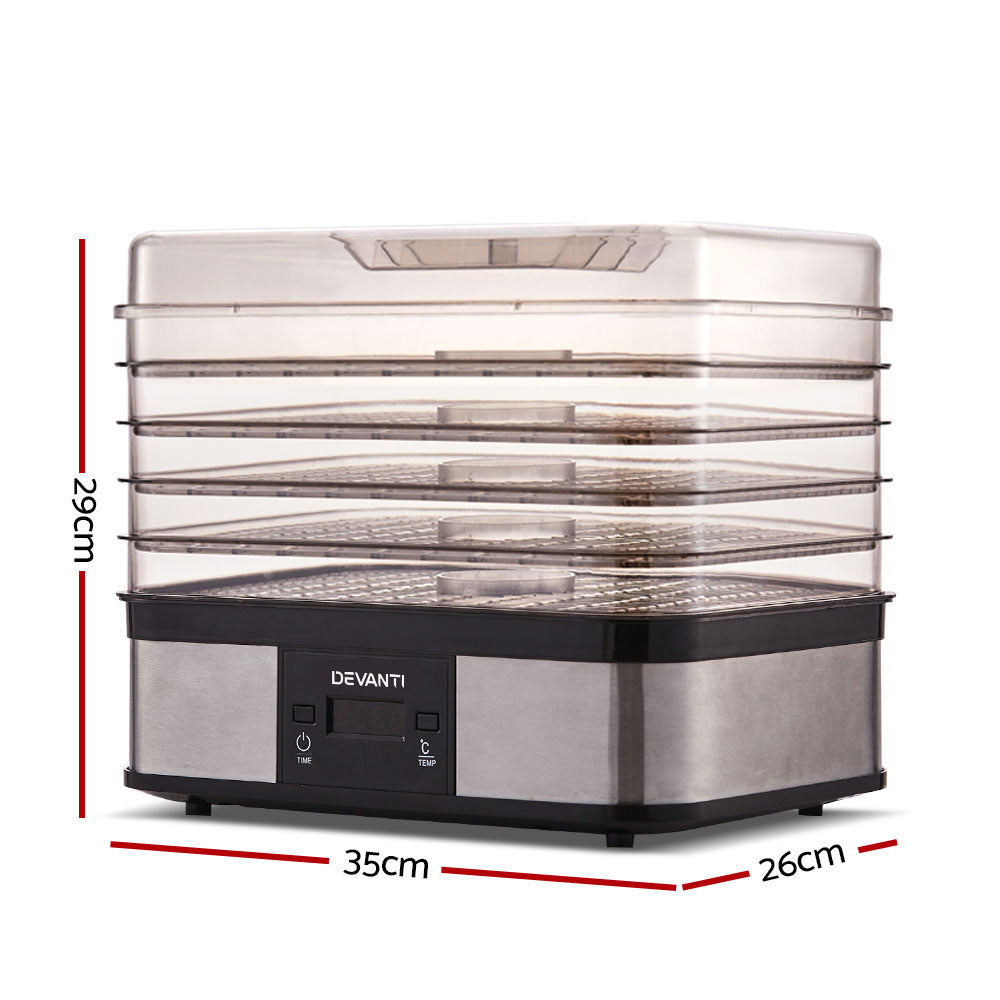Stainless steel food dehydrator with digital controls, five trays, and size dimensions labeled