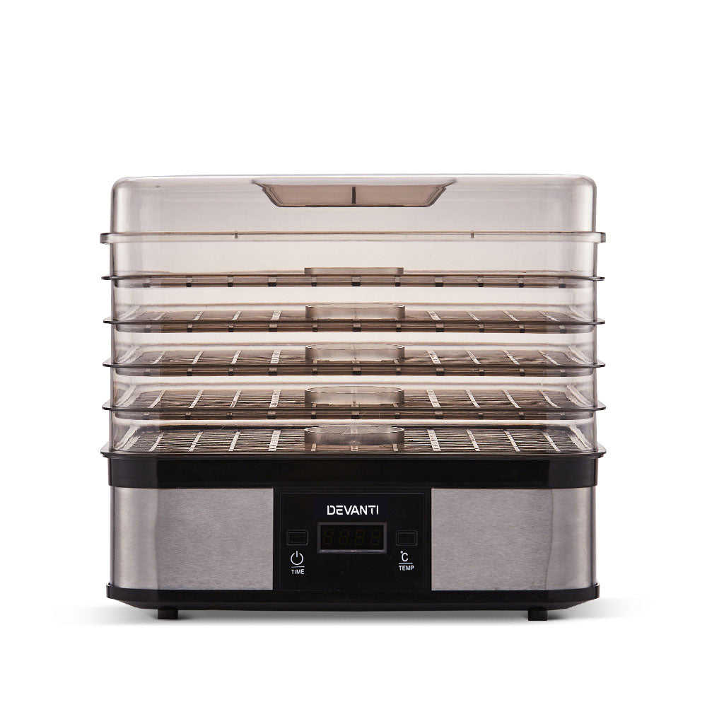 Stainless steel food dehydrator with digital display and five transparent drying trays