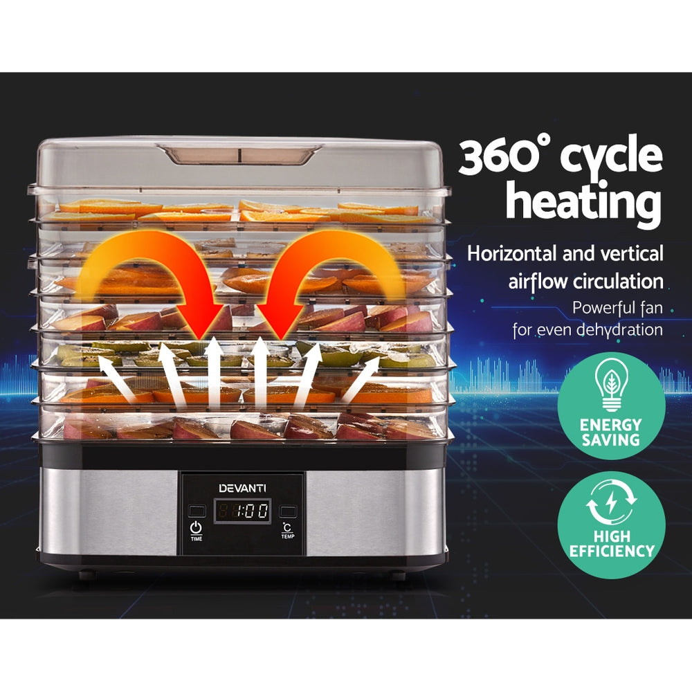 Stainless steel food dehydrator with digital display, 360° cycle heating, and multiple trays of sliced fruit for even drying.